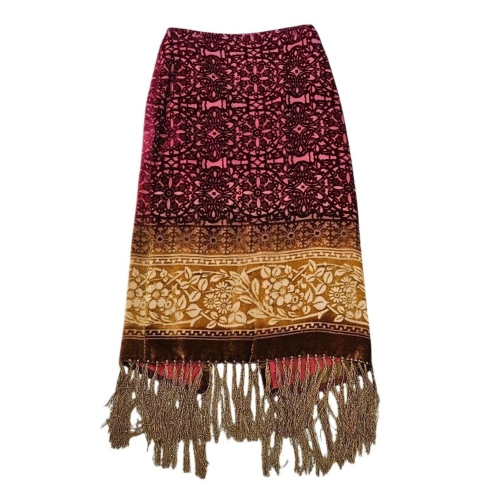 Muse Burnout Velvet Fringe Midi Skirt Burgundy Gold Floral Silk Blend Size 12
